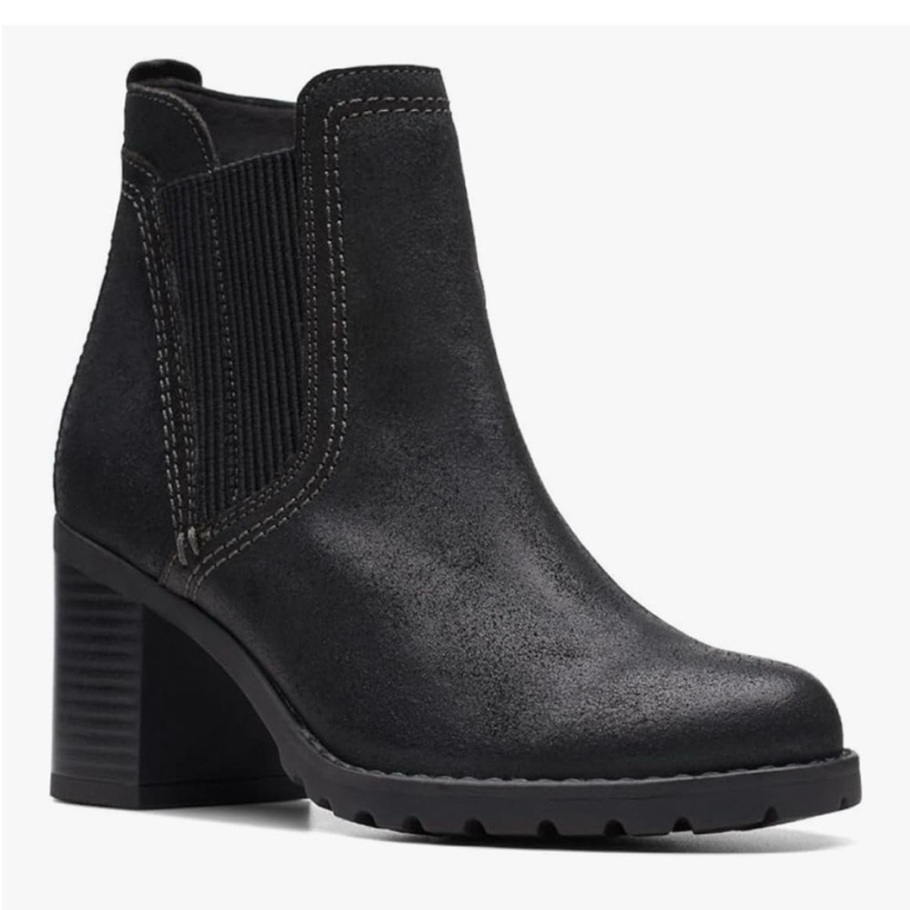 New Clarks Leda Up Black Suede Womens Leather Heeled Chelsea Boots Size 8.5